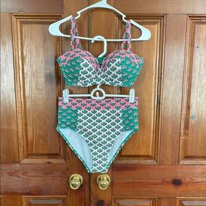 Boden Green and Pink Patterned Bikini Set